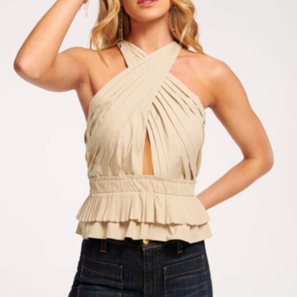 Ramy Brook Grace Cutout Halter Top Flax Tan Ruffles Pleated Twisted 0 NEW - Picture 1 of 7